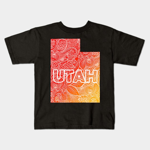 Colorful mandala art map of Utah with text in red and orange Kids T-Shirt by Happy Citizen